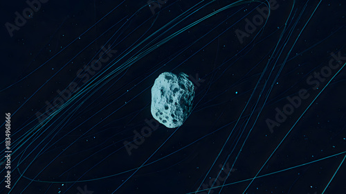 A lone glowing interstellar rock drifting through a starfield with unusual trajectory lines, suggesting cosmic motion.