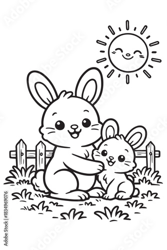 Cute Bunny Coloring Page: Mother and Baby Rabbit with Sun and Fence Line Art