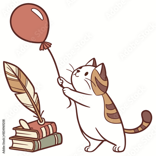 A Bashful American Shorthair with with a balloon in a Vintage Library theme – Vintage Library palette SVG illustration