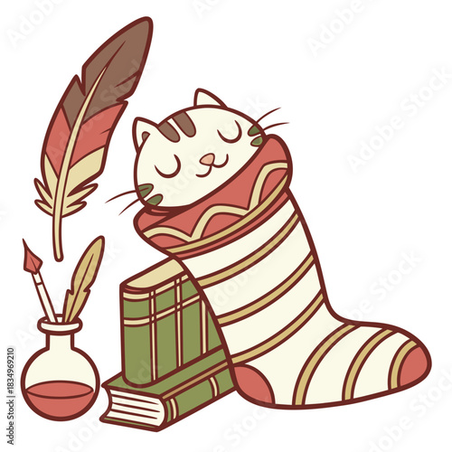 Vector illustration of a Sleepy American Shorthair with snuggled in a sock, styled in a Vintage Library theme using Vintage Library colors
