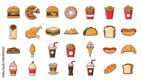 Assorted Fast Food Vector Icons in One Composition Featuring Pizza, Burger, Donut, French Fries, Fried Chicken, Sandwich, Burrito, Tacos, Nachos, Hot Dog, Ice Cream, Cola, Milkshake, Coffee, etc.