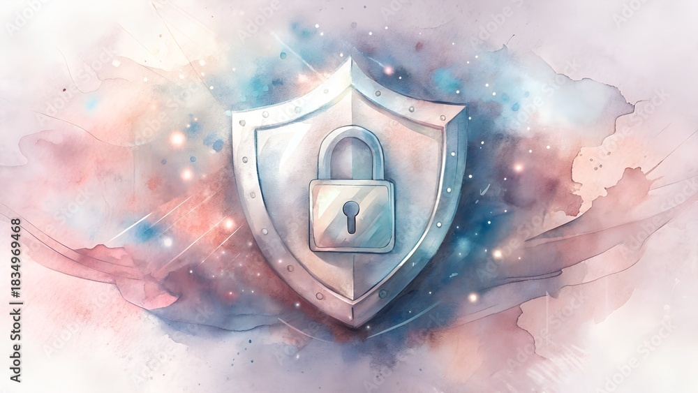 Fototapeta premium Abstract Watercolor Cybersecurity Concept: Glowing Geometric Shield and Padlock Protecting Against Dark Chaotic Threats