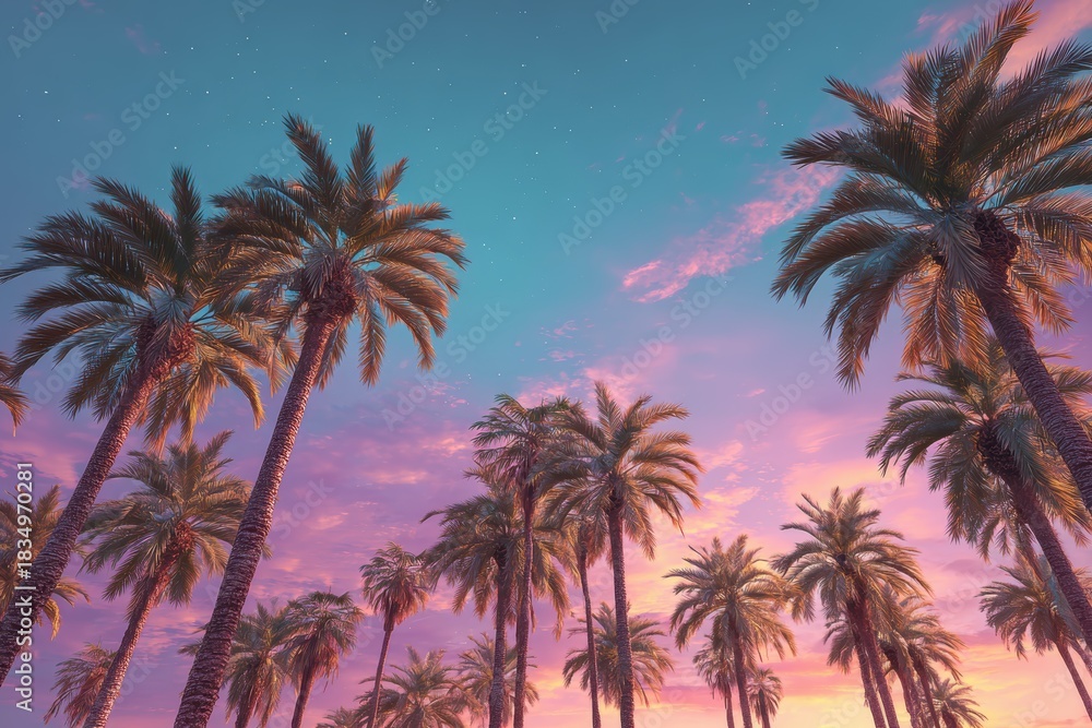 Obraz premium Colorful star-filled sky above swaying palm trees during twilight in a tranquil tropical paradise