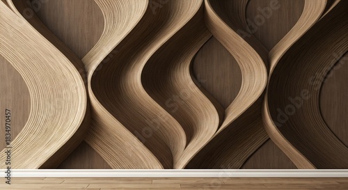 Fototapeta Naklejka Na Ścianę i Meble -  A wall featuring a wavy interlocking 3D wood panel design in varying brown tones above a light wooden floor and white baseboard