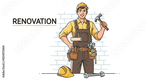 A smiling male construction worker in a hard hat and overalls holds a hammer, ready for home renovation or repair projects.