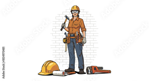 A confident female construction worker stands ready with her hammer and essential tools, embodying strength and skill in the building trades.
