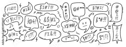 Hand drawn crayon speech bubbles with swear words. Angry, rude, and negative expression comic talk balloons in doodle style