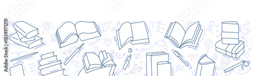 Literature. Books line backdrop. Simple border