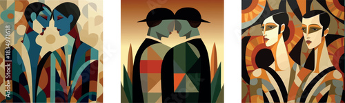 Abstract Cubist Portrait of Stylish Figures in Warm Earth Tones