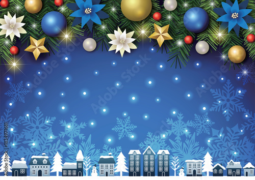 クリスマス背景、街並み、玉飾り、青、キラキラ、かわいい、イラスト、横