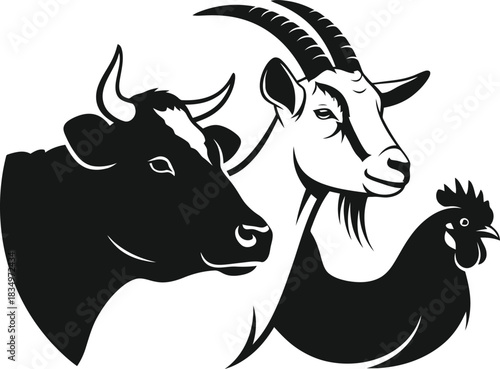 Monochrome Farm Animals Vector Illustration