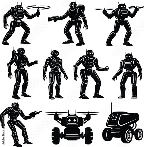 Black Robot Drone Rover Technology Vector Icons Set