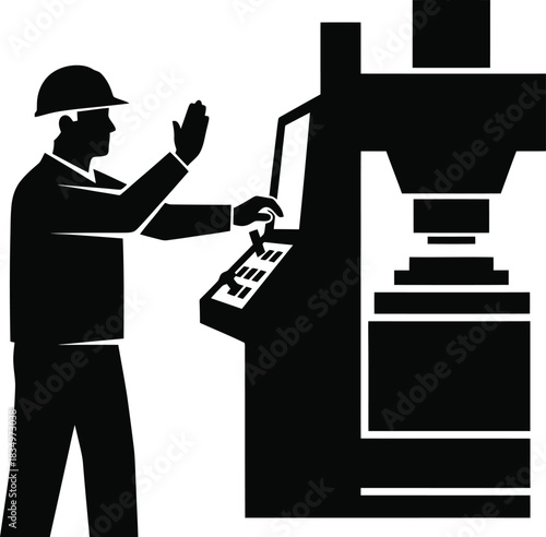 Black Industrial Worker Operating Press Machine Vector Icon