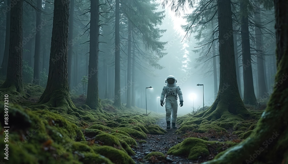 Fototapeta premium Astronaut walks on foggy forest path. Person in spacesuit travels through green mossy woods with trees and ground lights. Journey on alien planet landscape.
