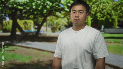 Man wearing white shirt shows face looking aside in green forest; quiet solitude introspection serenity.