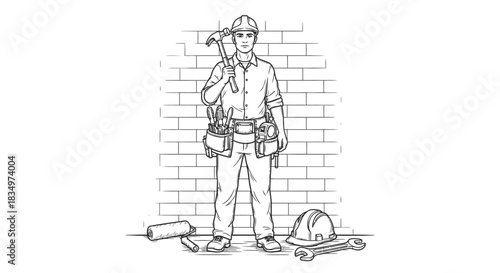 This detailed black and white illustration depicts a professional handyman equipped with a tool belt, holding a hammer, prepared for any task.