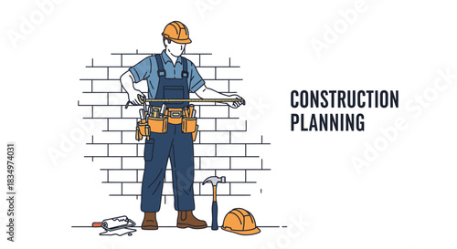 A dedicated construction worker, wearing a hard hat and overalls, meticulously measures with a tape, embodying careful planning crucial for successful building projects.