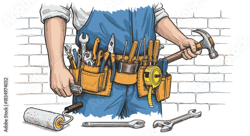 A craftsman is shown with a loaded tool belt, holding a hammer, wrenches, and a paint roller, ready for construction and home repair.
