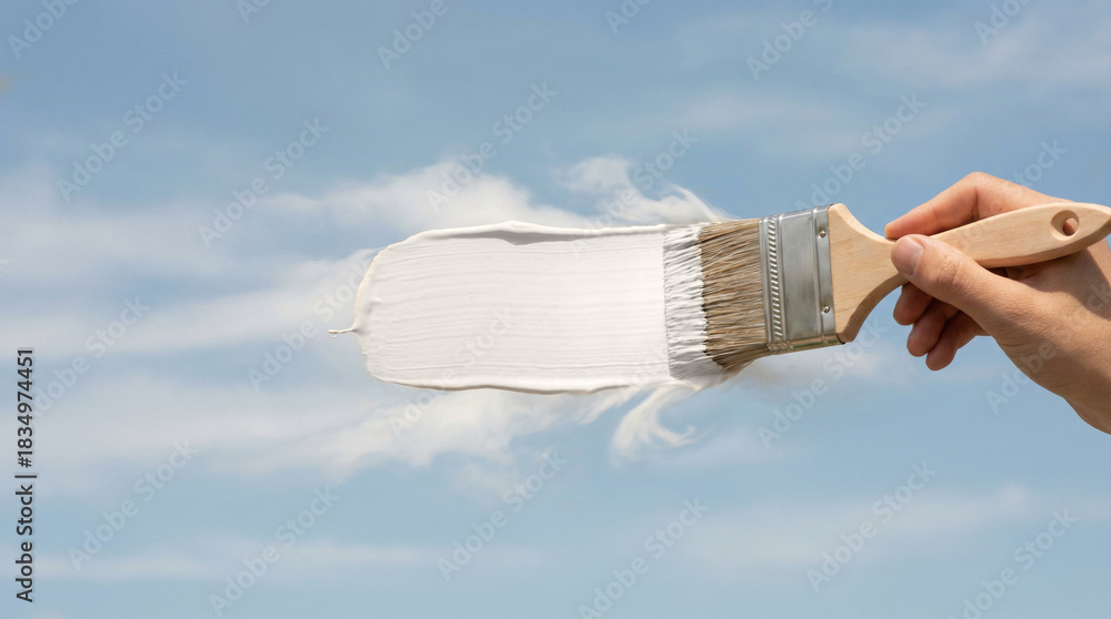 Fototapeta premium A hand with a paintbrush applies a white stroke on a blue sky with clouds. Creative concept for the color of the year 2026 trend. Imagination and new beginnings