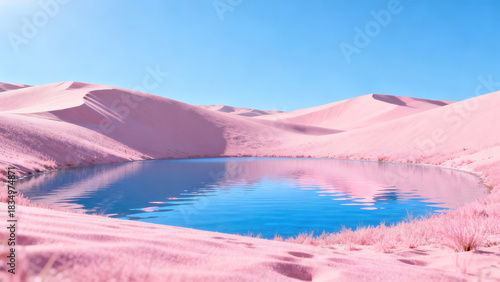 Pink Sand Dune & Blue Lake Natural Landscape Photography