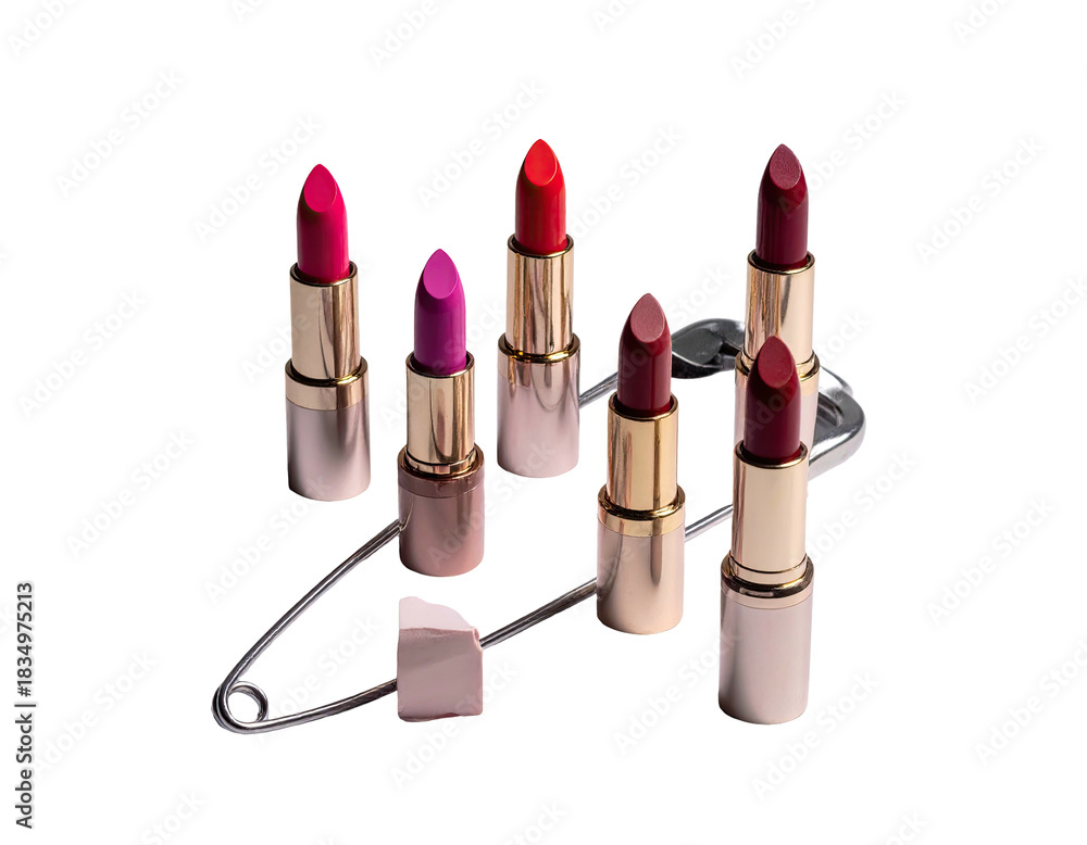 Fototapeta premium Lipsticks arranged on large safety pin, black backdrop