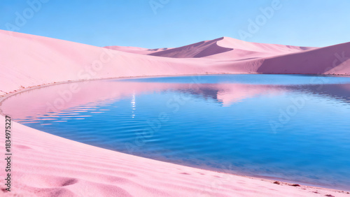 Pink Sand Dune & Blue Lake Natural Landscape Photography