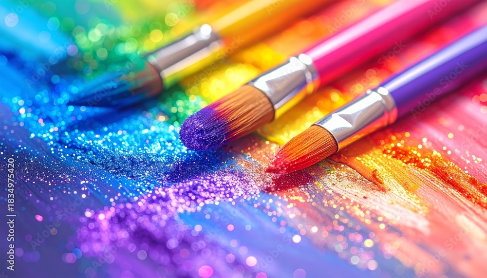 Fototapeta premium Three colorful paintbrushes resting on a vibrant rainbow glitter and paint background, showcasing artistic creativity and sparkling colors.