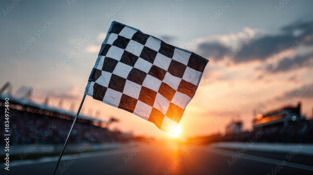 Obraz premium Checkered flag waving at a race track during a beautiful sunset