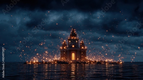 Mystical Island Palace Illuminated At Night Surrounded By Dark Waters Reflecting Lights Under Starry Sky