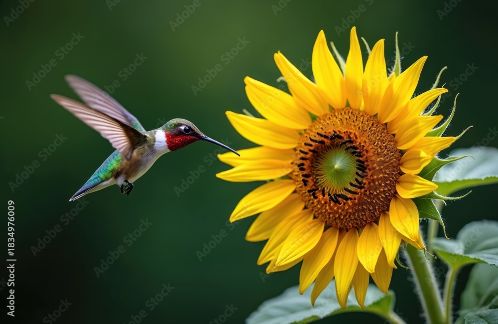 Naklejka premium Hummingbird approaches large sunflower in summer. Small bird with bright feathers hovers near yellow flower. Nature scene with vibrant colors. Wildlife photo focuses on nature beauty.