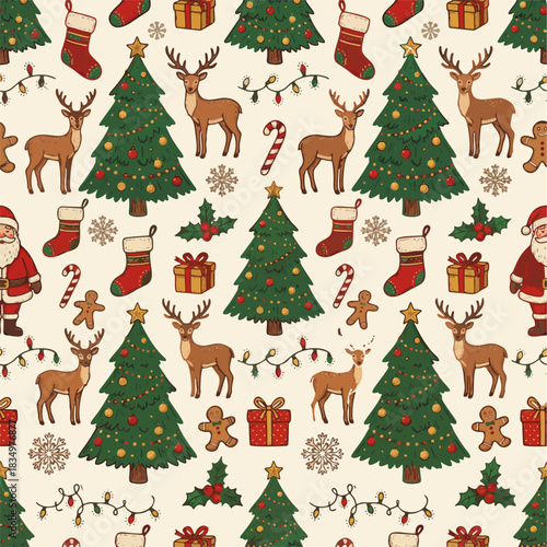 Christmas Holiday Seamless Pattern. Cute Festive Elements Including Santa Claus, Reindeer, Christmas Trees, and Gifts on Light Background for Fabric and Wrapping Paper.