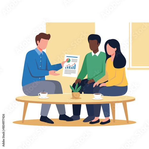 Financial advisor presenting investment options to diverse young couple