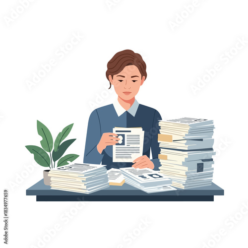 Professional woman reviewing documents and applications at her office desk