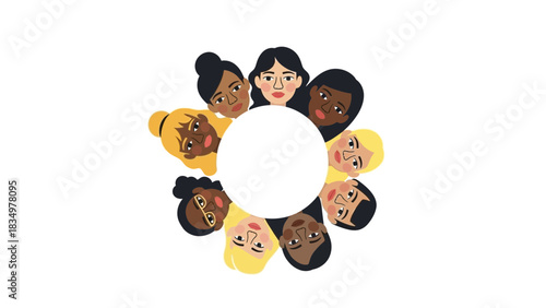 Diverse women circle provides unity and support for global sisterhood, celebrating international women's day in a modern, professional style