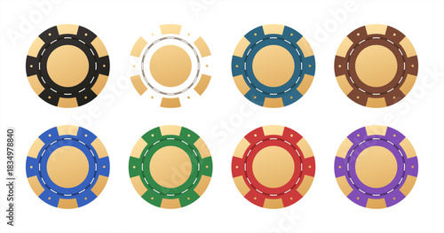 Gambling casino chips. Colorful collection of casino chips for gambling, poker, roulette. Casino chips and coins isolated on white background. Vector 10 eps.	
