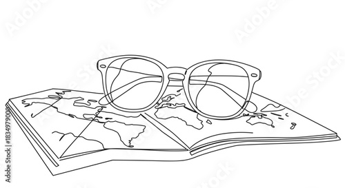 Line drawing of a pair of stylish eyeglasses resting on an open map, symbolizing exploration and adventure, isolated on a transparent background.