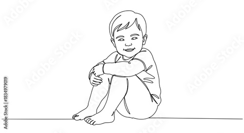 Line drawing of a young boy sitting with his knees hugged to his chest, smiling joyfully, on a transparent background