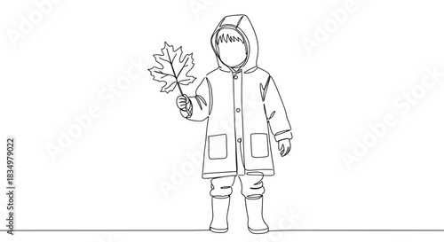 Line drawing of a child wearing a raincoat and boots holding a maple leaf in a casual outdoor setting with a simple background on a transparent background