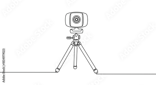 Line drawing of a camera on a tripod with adjustable legs, isolated on a transparent background, showcasing detailed features and a unique design perspective