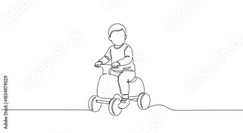 Line drawing of a young child riding a tricycle indoors, focused expression on face, simple outline style, isolated on transparent background