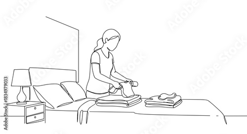 Line drawing of a woman folding laundry on a bed in a cozy bedroom setting with a bedside lamp and stacked clothes on a transparent background