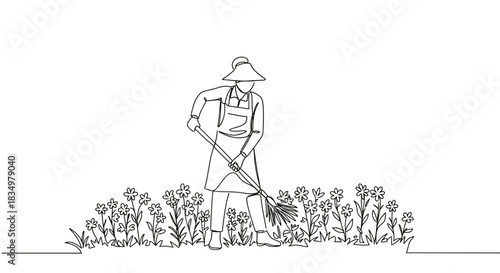 Line drawing of a gardener working in a field of flowers, using a hoe with a straw hat on, isolated on a transparent background