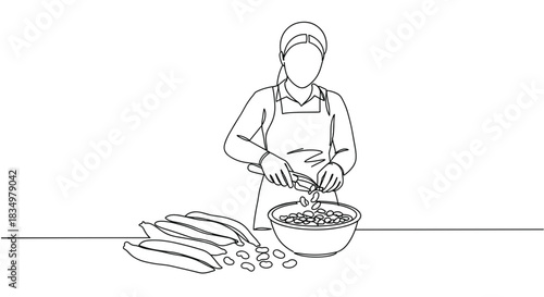 Line drawing of a person preparing food in the kitchen while mixing ingredients in a bowl with fresh vegetables on the table, isolated on transparent background