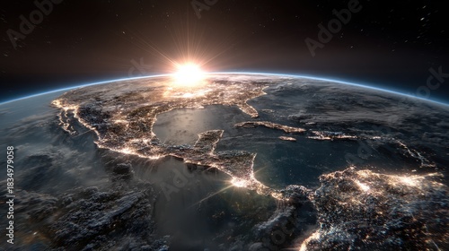 Earth at Dawn High Angle View of Illuminated Cities with Sunrise Burst in Sky