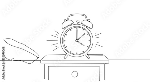 Line drawing of an alarm clock ringing on a bedside table with a stylish minimalist design and a feather resting nearby on a transparent background