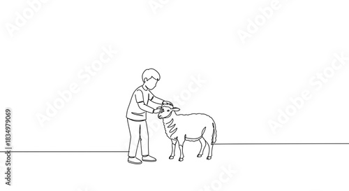 Line drawing of a child petting a dog in a friendly interaction on a transparent background showcasing love and companionship between humans and pets