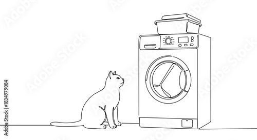 Line drawing of a curious cat sitting beside a washing machine in a home environment, isolated on a transparent background