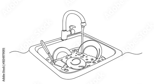 Line drawing of a kitchen sink filled with dirty dishes and kitchen utensils with water running from the faucet on a transparent background