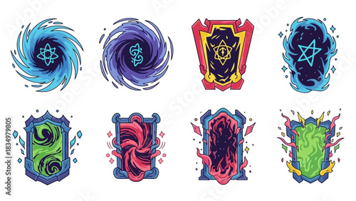 Cartoon-style portal set illustrations for game design and fantasy concept art illustration