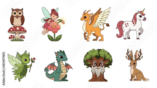 Charming Cartoon Collection of Mythical Creatures and Forest Spirits Illustrations